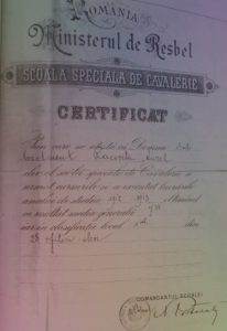 Certificat nr. 268 din 21.06.1913 de absolvire a cursurilor Şcolii Speciale de Cavalerie de la Târgovişte