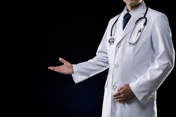 doctor in white coat, text space.