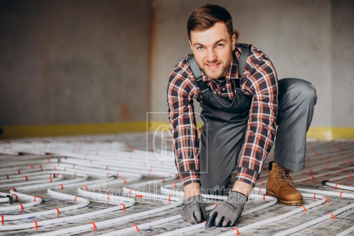 service man instelling house heating system under the floor