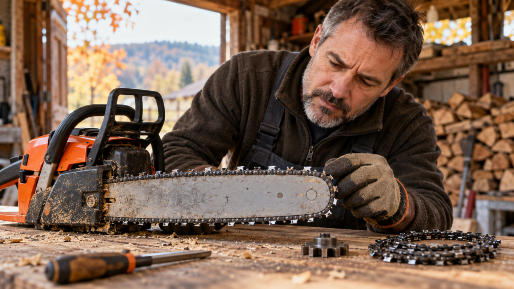inspectingchainsawteethintheworkshop